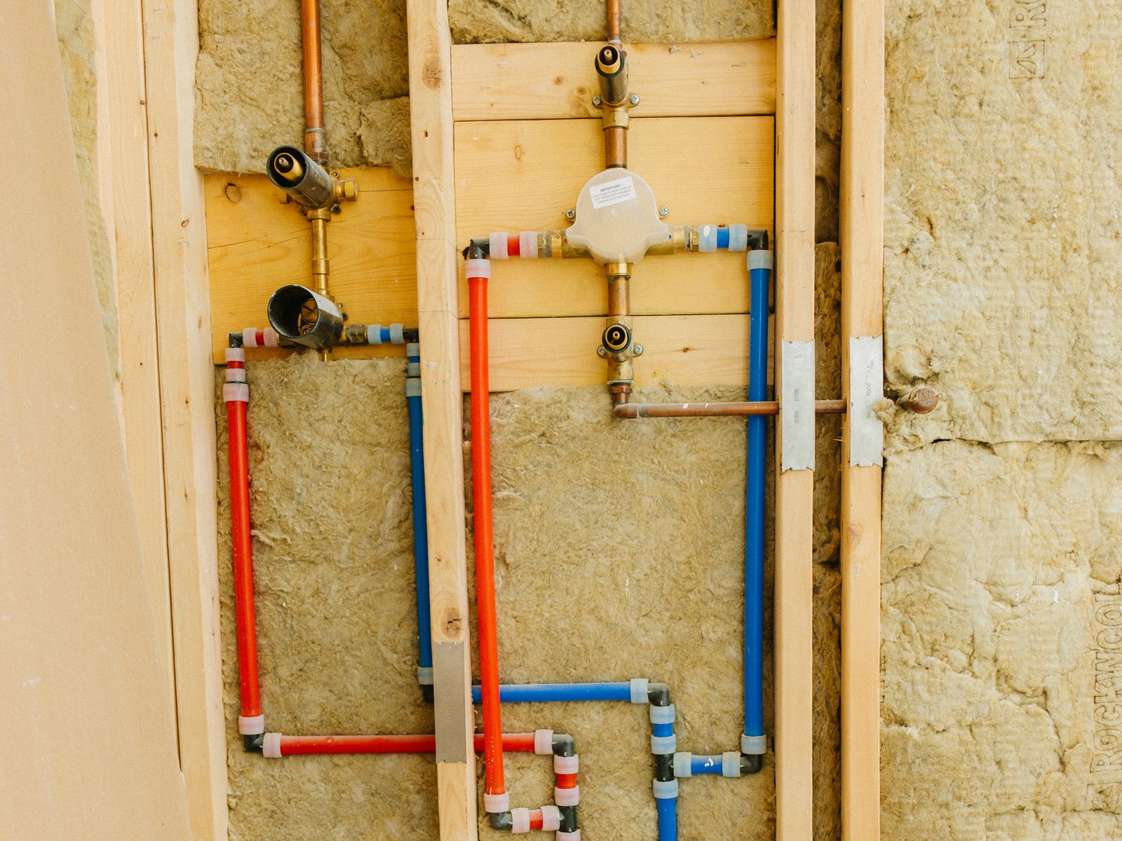 Pennywise Path — plumbing roughed into a stud bay, mineral wool packed behind it